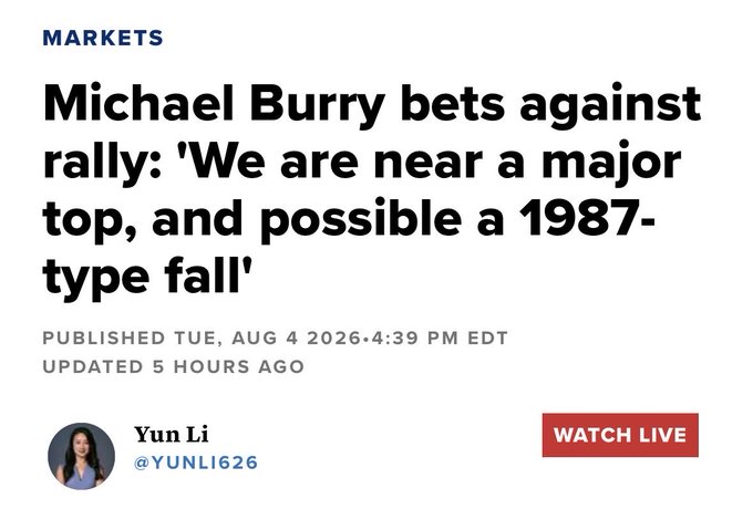 The image is a Yahoo Markets headline featuring Michael Burry's bearish warning that markets are "near a major top, and possibly a 1987-type fall," which complements the poster's ambivalent take acknowledging both the plausibility of a crash and continued market rally.