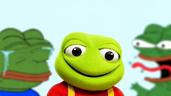 A 3D-rendered Pepe the Frog meme character with a smug grin, flanked by distressed crying Pepe variations in the background, photoshopped to appear as part of a trading-focused meme about the $TOAD token.