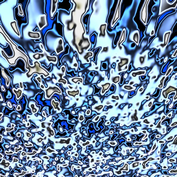 An abstract digital pattern featuring fluid, distorted shapes in shades of blue, black, white, and gray, resembling a heavily stylized watercolor or wave texture.