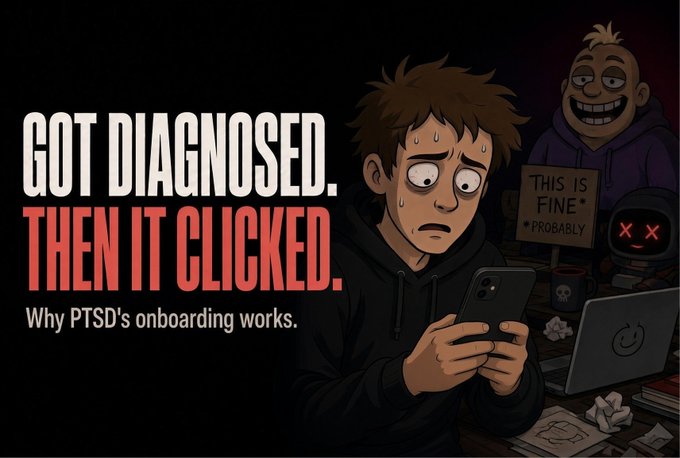 An illustrated graphic with text reading 'GOT DIAGNOSED. THEN IT CLICKED. Why PTSD's onboarding works,' depicting a sweating character looking at their phone with sinister cartoon figures lurking in the background.