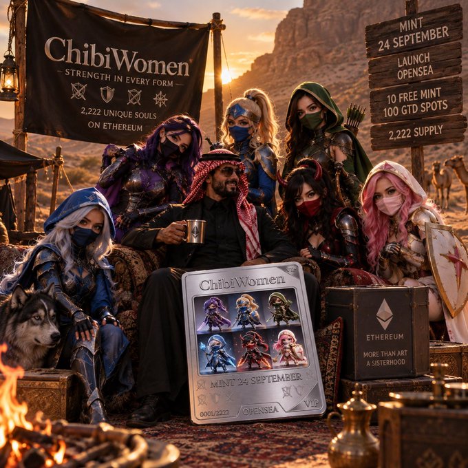 A promotional image for "ChibiWomen" NFTs, showing fantasy warrior characters in a desert setting with a banner stating "STRENGTH IN EVERY FORM" and "2,222 UNIQUE SOULS ON ETHEREUM," and a wooden sign detailing the "MINT 24 SEPTEMBER" launch on OpenSea.