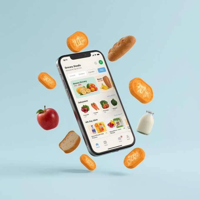 A product shot featuring a smartphone displaying a grocery app interface, surrounded by floating food items including bread, an apple, a bottle of milk, a loaf of bread, and orange gold bars stamped with '10%', '20%', '30%', and '50%'.