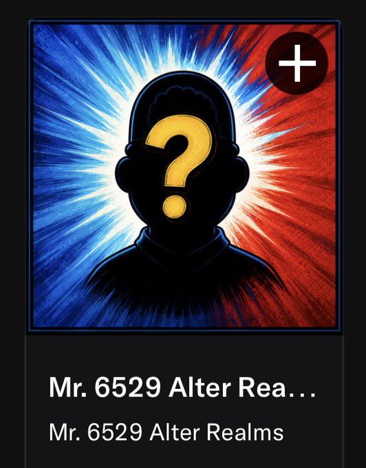 A digital artwork NFT featuring a silhouetted figure with a glowing yellow question mark against a vibrant blue and red radiating background, displayed in a listing for "Mr. 6529 Alter Realms." The image aligns with the post announcing the minting of 200 individually created character-based NFTs from the Mr. 6529 MemeCard collection, originally intended for Ethereum but released on RobinhoodApp.