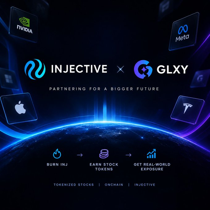 A promotional graphic announces a partnership between 'INJECTIVE' and 'GLXY' with the text 'PARTNERING FOR A BIGGER FUTURE', alongside logos for NVIDIA, Meta, Apple, and Tesla, and details about burning INJ to earn stock tokens.
