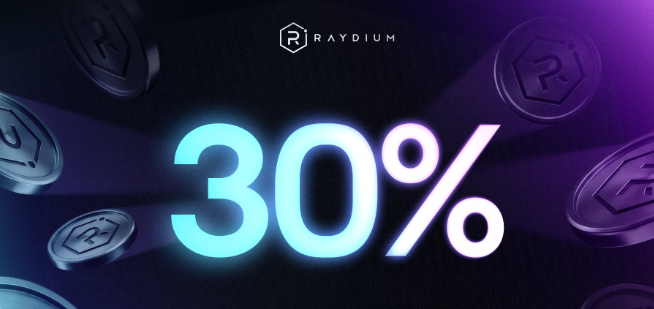A promotional graphic for Raydium featuring a large glowing '30%' against a dark purple backdrop with floating coin tokens.