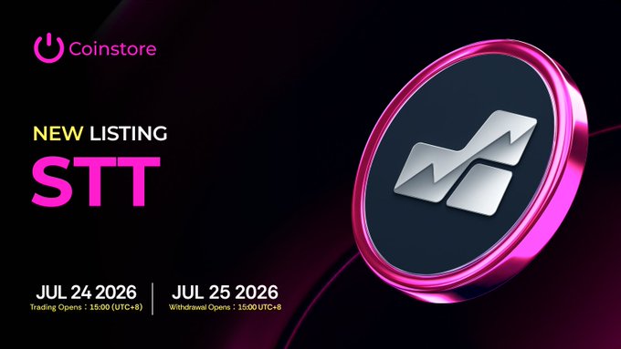 The image is a Coinstore promotional banner announcing the new listing of STT token, displaying trading open on July 24, 2026 at 16:00 (UTC+8) and withdrawal open on July 25, 2026 at 15:00 (UTC+8), featuring the Coinstore logo and a 3D silver coin graphic with the STT emblem on a black and pink background.