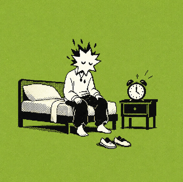 A minimalist black and white illustration on a textured green background depicts a person with spiky hair sitting dejectedly on the edge of a bed as an alarm clock rings.