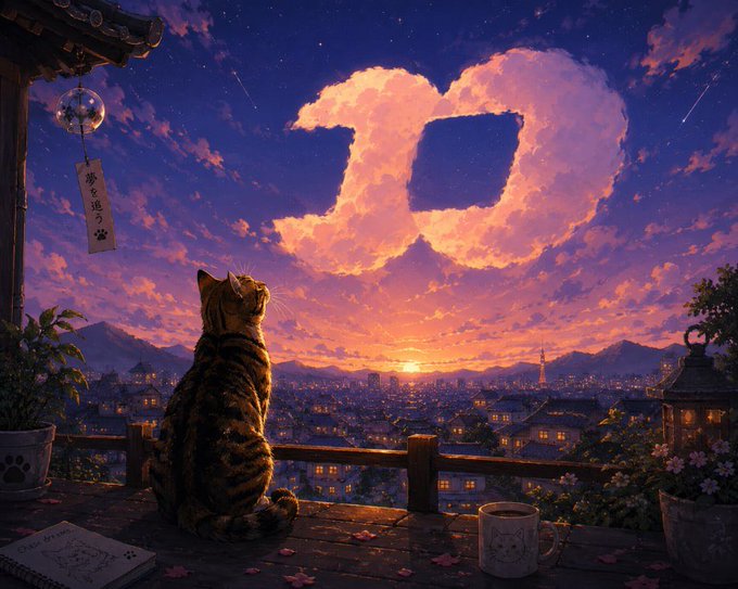 A tabby cat gazes from a balcony at a sunset over a cityscape, with heart-shaped clouds in the sky and a wind chime displaying Japanese characters ("夢をみよう", meaning "Let's dream"). The romantic scene and hopeful sky reinforce the caption's optimistic sentiment about a bright future.