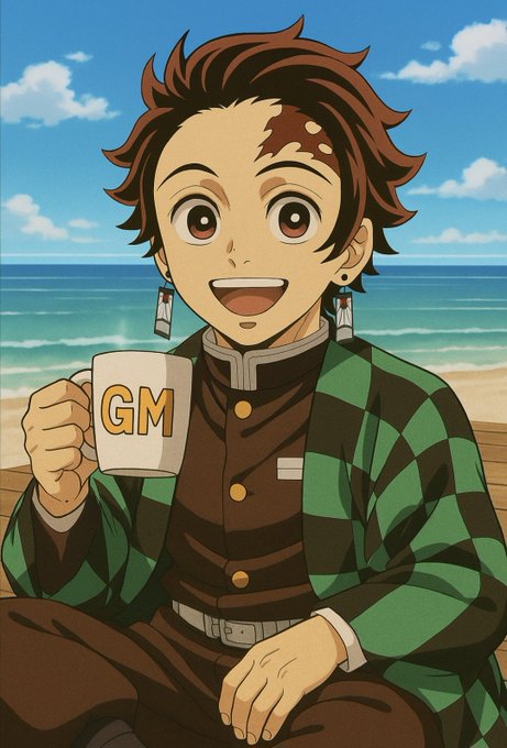 An anime-style portrait of Tanjiro Kamado from Demon Slayer smiling and holding a white mug that says 'GM', with a beach and ocean background.