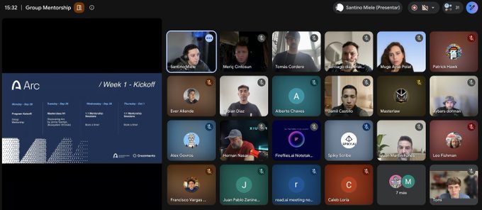 A screenshot of a video conference call titled 'Group Mentorship' showing a presentation slide labeled 'Arc / Week 1 - Kickoff' alongside a grid of participant video feeds including names like Sandro Lopez and Marc Grolssund.