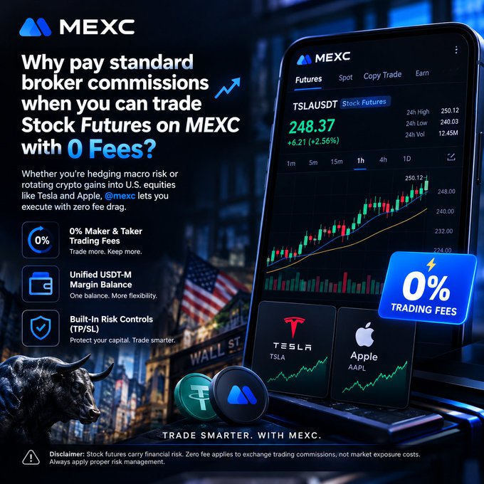 A MEXC cryptocurrency exchange advertisement promoting zero-fee Stock Futures trading for TSLA and AAPL, featuring a bull statue and the tagline 'TRADE SMARTER. WITH MEXC.'