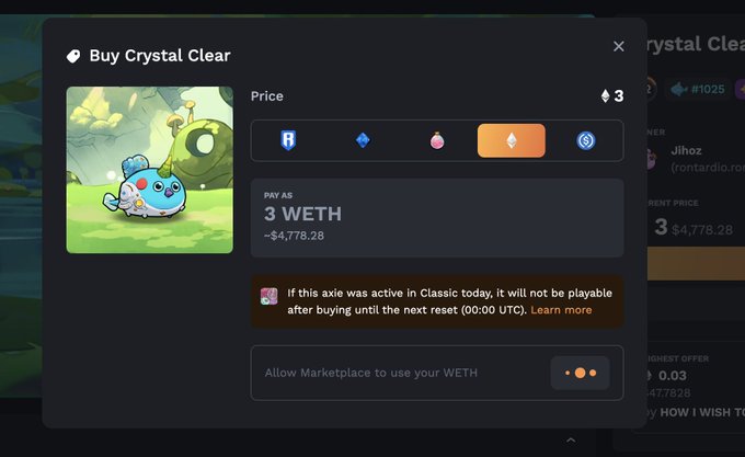A digital marketplace interface showing the purchase of a "Crystal Clear" Axie for 3 WETH (~$4,778.28), with a notification that the axie won't be playable in Classic until the next reset at 00:00 UTC. The image illustrates the acquisition of the Mystic Axie referenced in the post, displaying the payment setup for completing the NFT purchase.
