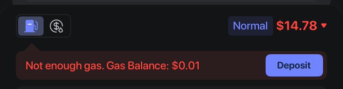 A gas fee warning on a crypto wallet interface shows a $14.78 swap cost highlighted in red, with the message "Not enough gas. Gas Balance: $0.01" and a "Deposit" button below. This illustrates the poster's complaint about paying $14 in gas fees just to swap $20 of $ETH to $NVDA.
