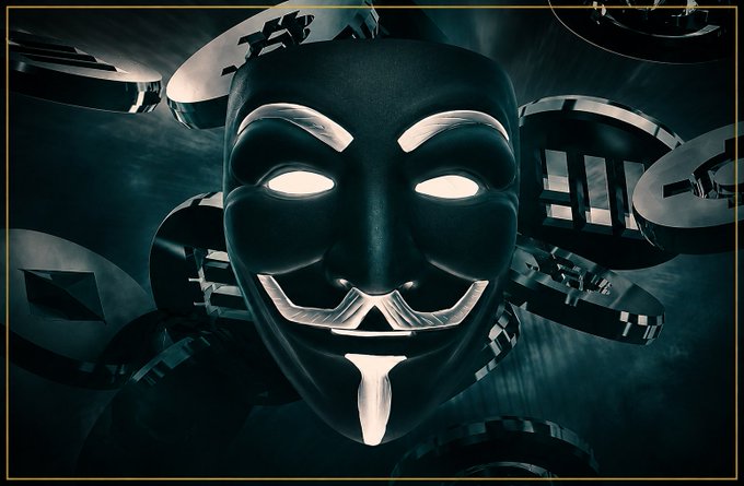 A dark, dramatic digital illustration of a stylized anonymous mask with glowing white eyes, surrounded by floating Bitcoin coins in a greenish atmospheric setting.