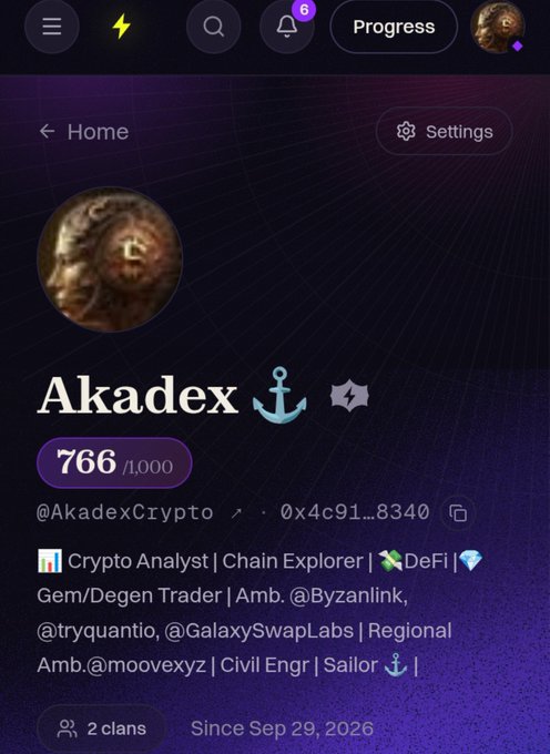 A mobile app profile screenshot for 'Akadex' (@AkadexCrypto, address 0x4c91...8340) showing 766/1,000 progress points, with bio describing roles as Crypto Analyst, Chain Explorer, DeFi Gem/Degen Trader, and Ambassador for multiple crypto projects.