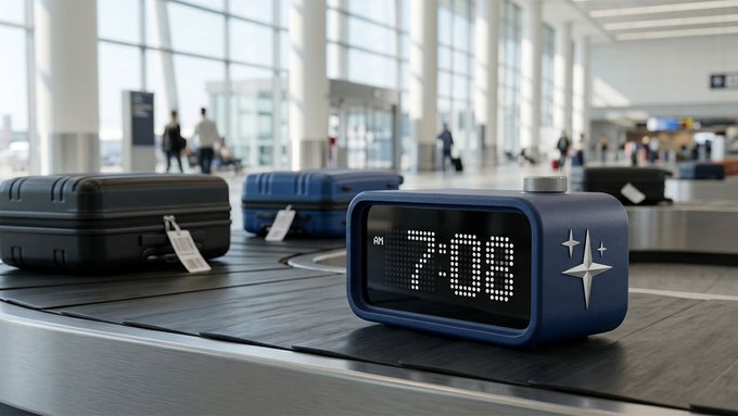 A blue digital clock displaying '7:05' on a baggage carousel in an airport, with suitcases visible in the background.