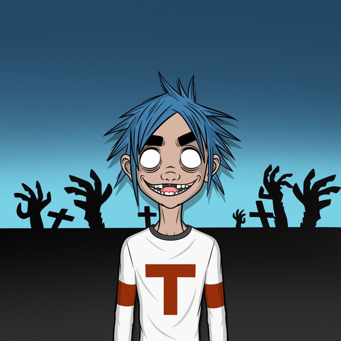 A cartoon-style illustration of a blue-haired character with a wide grin, blank white eyes, and a shirt with a 'T' logo, standing in a graveyard with zombie hands and crosses in the background.
