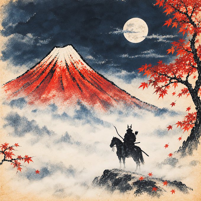 A watercolor-style illustration depicts a samurai on horseback with a sword, standing on a rocky outcrop beneath a full moon, facing a red-and-white Mount Fuji framed by autumn maple trees and misty clouds.