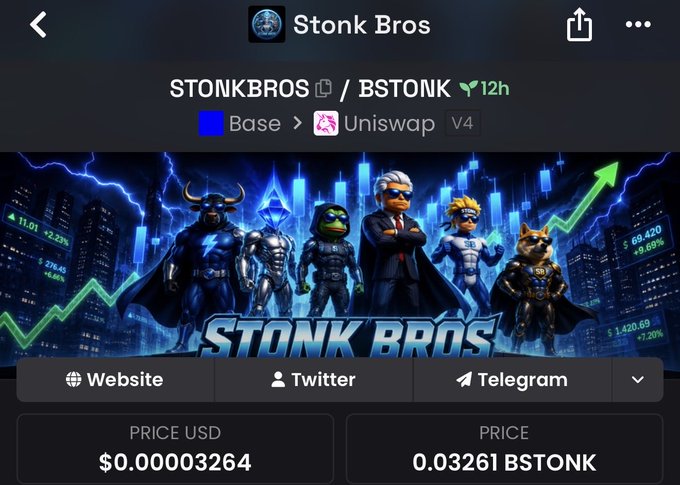 A cryptocurrency website screenshot for 'Stonk Bros' (STONKBROS/BSTONK) on Base/Uniswap V4, showing a price of $0.00003264 USD or 0.03261 BSTONK, featuring superhero and anime-style character artwork.