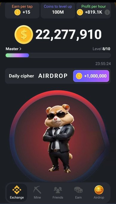 The screenshot shows a Hamster Kombat game profile displaying 22,277,910 coins at Master Level 8/10 with a daily cipher for "AIRDROP" offering +1,000,000 coins. This connects to the user's claim of having reached 1 billion coins on Hamster, showcasing their current progress in the game with substantial earnings of +819.1K per hour.

Image shows (translated to English): "1 Billion on Hamster" - user's caption.