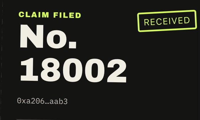 A digital receipt or status screen on a black background displaying 'CLAIM FILED No. 18002' with a 'RECEIVED' stamp and the partial address '0xa206...aab3'.