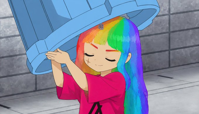 An animated illustration of a girl with rainbow-colored hair holding a large blue trash bin lid over her head, standing against a gray brick wall.
