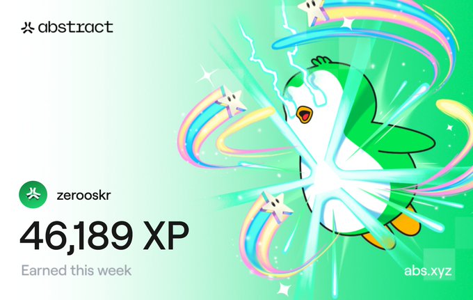 Abstract platform promotional graphic showing '46,189 XP Earned this week' for user 'zerooskr' with a cartoon penguin mascot surrounded by rainbow swooshes and sparkles.
