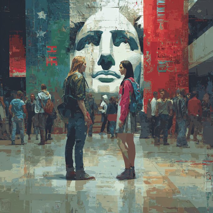 Two people face each other in a crowded urban space, with a large painted mural of a face and a fragmented American flag visible on the wall behind them.