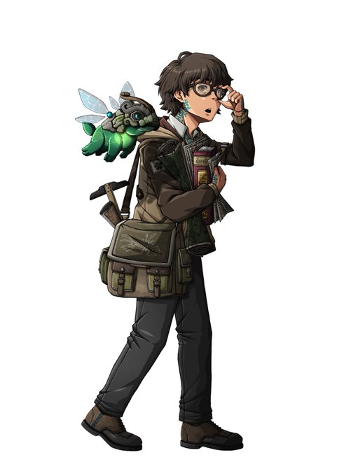 An anime-style character illustration of a person wearing glasses and an explorer's outfit with a backpack, accompanied by a small green winged creature perched on their shoulder, holding books and a dragonfly-themed bag.