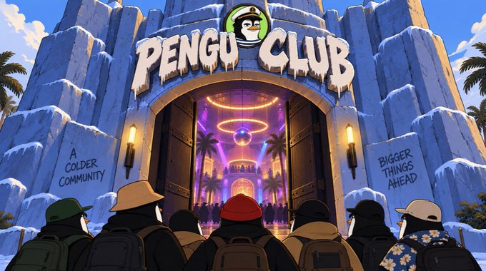 An illustration shows a crowd of penguin-like figures with backpacks gathered before an ice castle entrance labeled 'PENGU CLUB,' with signs reading 'A COLDER COMMUNITY' and 'BIGGER THINGS AHEAD.'
