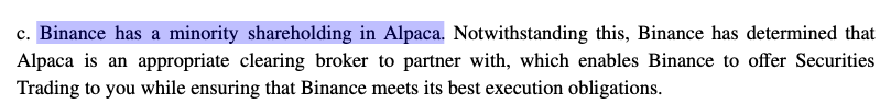 The image shows a gray background with white text that reads "Hahaha, actually at this stage, just buy binancecoin:native directly. Many people might not know: Binance is a small shareholder of Alpaca". The image also contains an explanation about how Binance Coin is being used to fund Alpaca's trading activities.