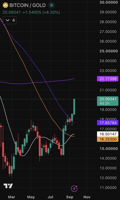 A Bitcoin/Gold ratio chart showing a current value of 20.09341 (+1.54005, +8.30%), displaying candlestick price action with moving averages and key levels at 22.17399, 17.65764, 16.50147, and 16.25300.
