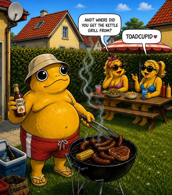 A cartoon illustration shows a toad wearing a bucket hat and red shorts grilling sausages on a charcoal kettle barbecue while holding BBQ sauce, with two female toads at a picnic table asking 'AND? WHERE DID YOU GET THE KETTLE GRILL FROM?' and he replies 'TOADCUPID ♥'.