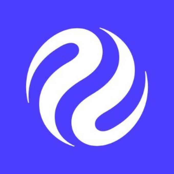 A white stylized swirling logo resembling interlocking comma shapes set against a solid purple background.