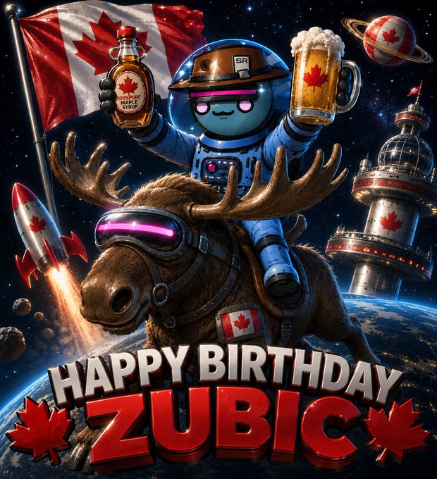 The image features a cartoon depiction of an astronaut riding a moose, holding a beer bottle and a can of beer. The background shows a planet with a rocket ship flying above it. Below the astronaut, there's text that reads "Happy Birthday @zubic_eth One of the great people in this space. Hope you have a brilliant day mate!!".