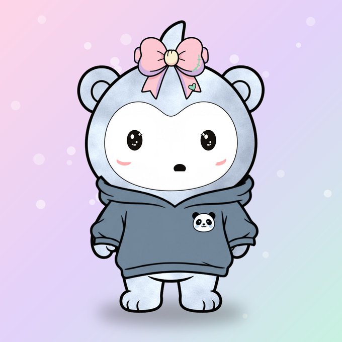 A cute cartoon character resembling a small animal wearing a gray shark hoodie with a pink bow on its head, set against a pastel pink and purple background with sparkles.