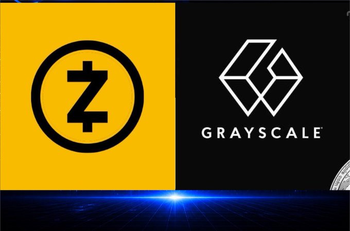 The image shows the Zcash (ZEC) logo in yellow alongside the Grayscale logo on a dark background, visually representing Grayscale's filing for a spot Zcash ETF as ZEC surged past $800 on an intraday spike.