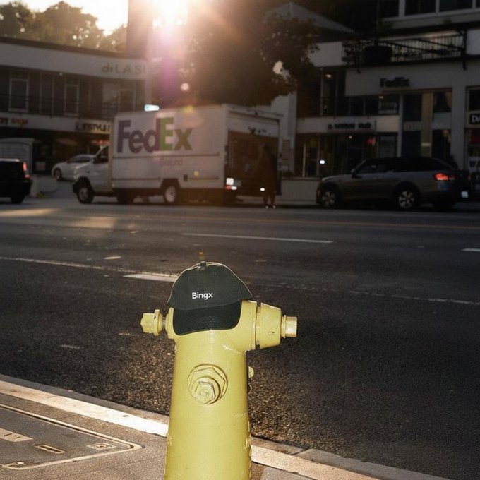 A yellow fire hydrant on the sidewalk wears a black "Bingx" baseball cap, playfully nodding to the post's "bullish" crypto pun by accessorizing the street scene with the exchange's branding. In the background, a FedEx truck and storefronts like "di Las[o]" are bathed in golden sunlight, reinforcing the upbeat market vibe.