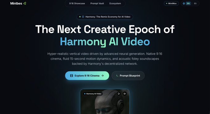 A landing page for Mintbes featuring 'The Next Creative Epoch of Harmony AI Video', promoting 9:16 cinema with neural generation and motion dynamics, with 'Explore 9:16 Cinema' and 'Prompt Blueprint' buttons.