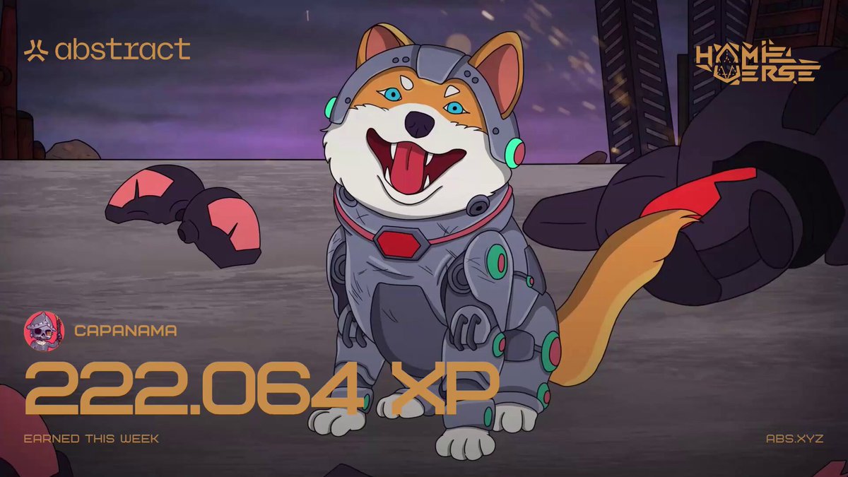 The image features a cartoon dog wearing a spacesuit, sitting on a gray surface with its tongue out. The background of the image shows an abstract scene that includes buildings and other elements typical of a cityscape. The caption below the image reads "Happy XP Day @hamieverse @AbstractChain".