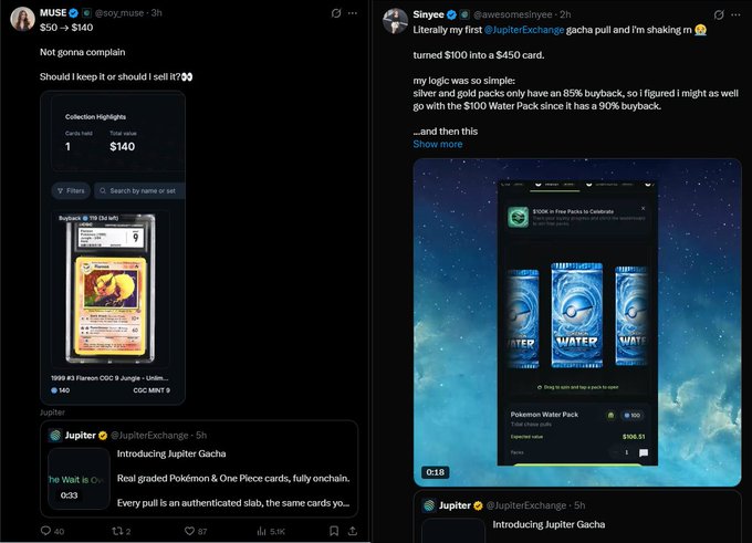 Twitter/X screenshots showing posts from MUSE and Sinyeo about Jupiter Exchange's new gacha pulls, mentioning a 'Flareon CGC' card and a 'Pokemon Water Pack'.