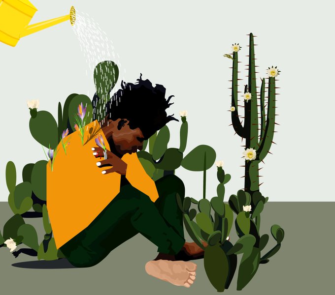 A digital illustration showing a dark-skinned person in an orange shirt and green pants crouched among cacti and succulents while being watered by a yellow watering can.
