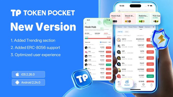 An advertisement for the 'TP TOKEN POCKET New Version' listing features like 'Added Trending section', 'Added ERC-8056 support', and 'Optimized user experience', with iOS 2.26.0 and Android 2.24.0 versions shown.