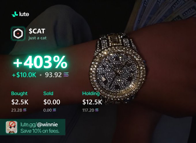 An advertisement for 'lute' showing a wrist wearing an iced-out luxury watch overlaid with crypto trading stats for '$CAT just a cat' showing +403% gains, a $10.0K profit, and a referral link 'lute.gg/@winnie'.