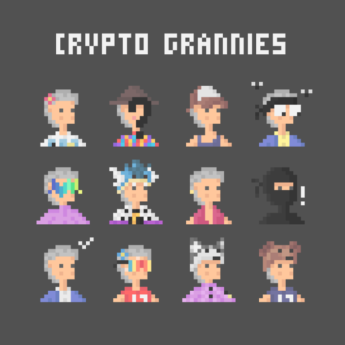 A pixel art image titled 'CRYPTO GRANNIES' displaying a 3x4 grid of twelve pixelated elderly characters, including one in a ninja outfit and another resembling a pink Power Ranger.