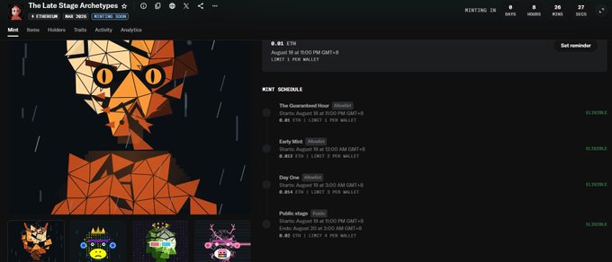 A screenshot of a webpage for 'The Late Stage Archetypes' NFT collection showing a mint schedule, 1.6K ETH minted, and a glitchy orange pixel-art character alongside smaller character thumbnails.