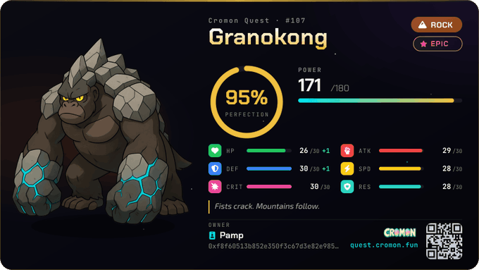 A digital collectible card featuring a rock-type creature called 'Granokong' at 95% perfection with a power level of 171/180, owned by 'Pamp' on the Cromon platform.