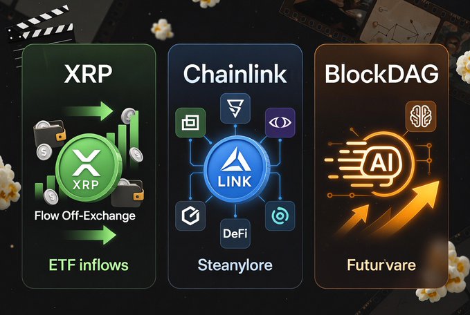 A cryptocurrency infographic showing three panels: 'XRP' with 'Flow Off-Exchange' and 'ETF inflows', 'Chainlink' (LINK) with 'DeFi' and 'Steanylore' connectivity icons, and 'BlockDAG' with 'AI' technology and 'Futurvare' branding.