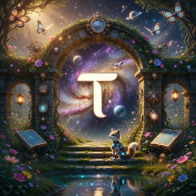 A fantasy digital artwork features a glowing letter 'T' centered within a cosmic archway, surrounded by magical flora, planets, butterflies, lanterns, an open book, and a small fox-like creature wearing a star-patterned scarf.