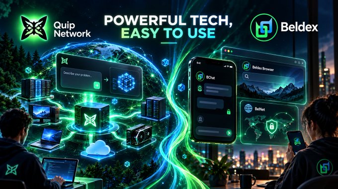A promotional graphic features the text 'POWERFUL TECH, EASY TO USE' alongside logos for 'Quip Network' and 'Beldex', showcasing various digital interfaces and devices against a green technological background.